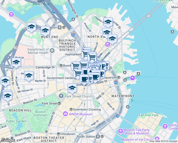 map of restaurants, bars, coffee shops, grocery stores, and more near 1 Faneuil Hall Square in Boston