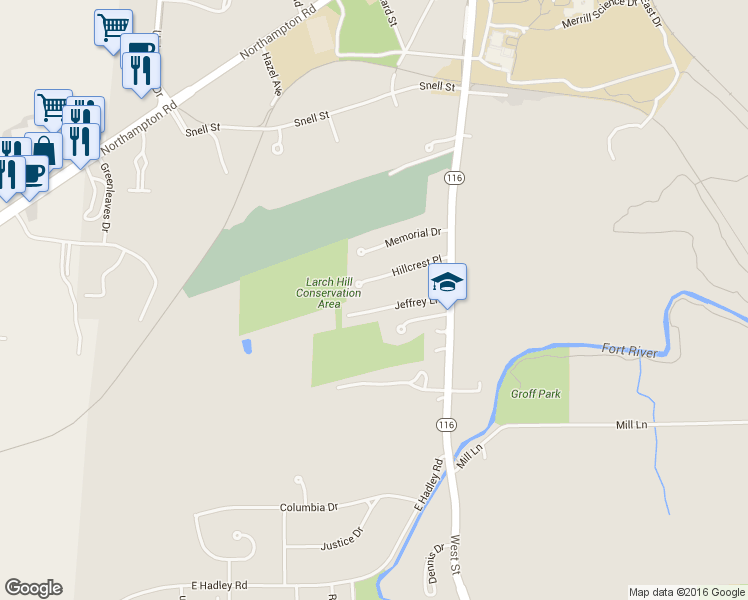 map of restaurants, bars, coffee shops, grocery stores, and more near 39 Jeffrey Lane in Amherst
