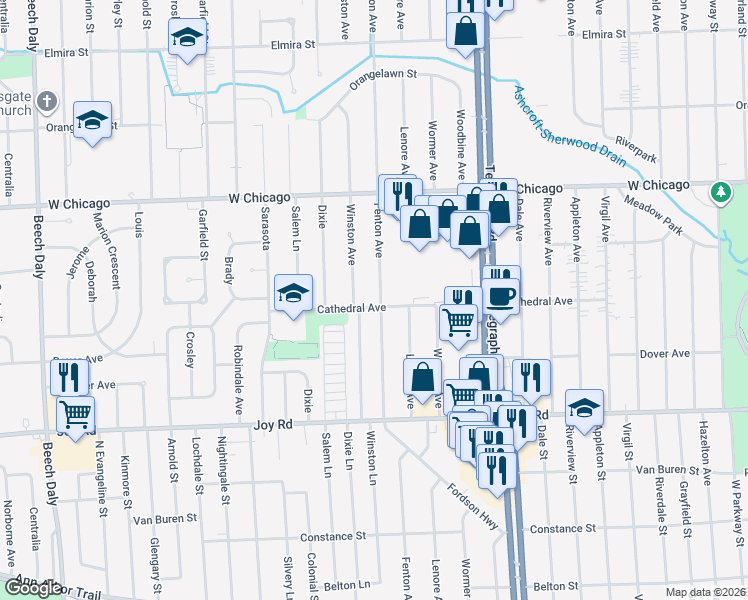 map of restaurants, bars, coffee shops, grocery stores, and more near 9081 Fenton Avenue in Redford Charter Township