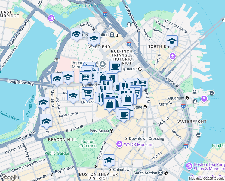 map of restaurants, bars, coffee shops, grocery stores, and more near 100 Cambridge Street in Boston