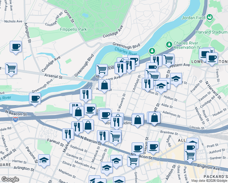 map of restaurants, bars, coffee shops, grocery stores, and more near 19 Bronsdon Street in Boston