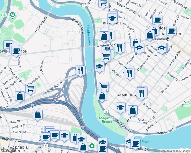 map of restaurants, bars, coffee shops, grocery stores, and more near 805 Memorial Drive in Cambridge