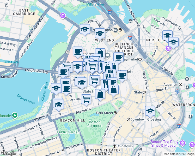 map of restaurants, bars, coffee shops, grocery stores, and more near 72 Joy Street in Boston