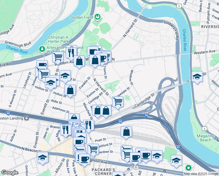 map of restaurants, bars, coffee shops, grocery stores, and more near 308 North Harvard Street in Boston