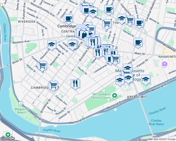 map of restaurants, bars, coffee shops, grocery stores, and more near 88 Sidney Street in Cambridge