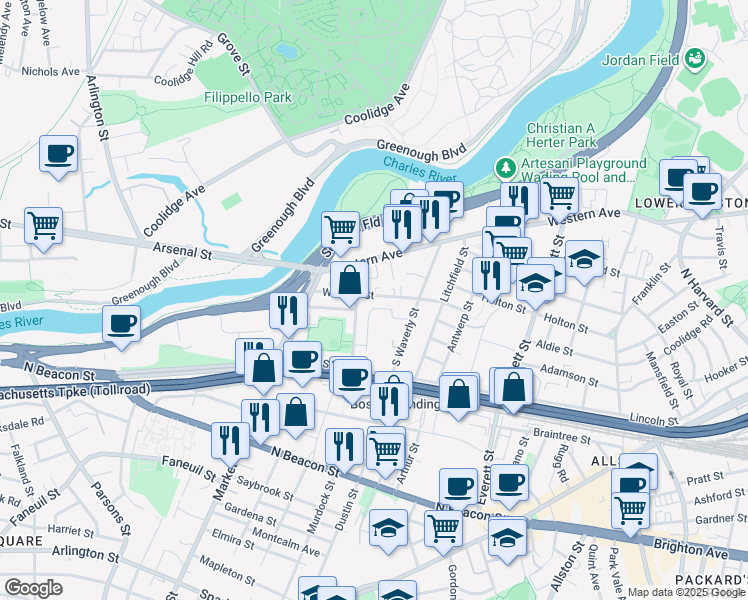 map of restaurants, bars, coffee shops, grocery stores, and more near 19 Bronsdon Street in Boston