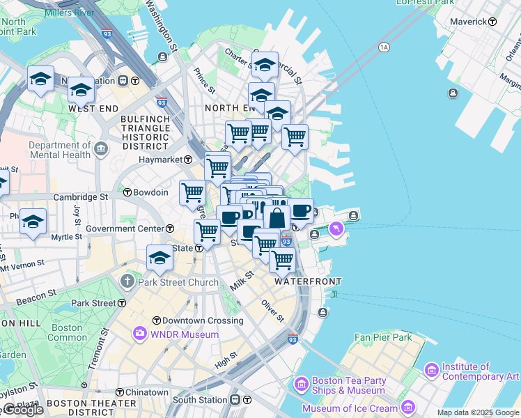 map of restaurants, bars, coffee shops, grocery stores, and more near 35 Commercial Street in Boston