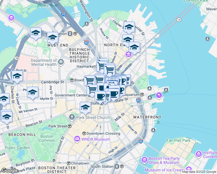map of restaurants, bars, coffee shops, grocery stores, and more near 1 Faneuil Hall Square in Boston
