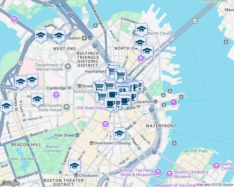 map of restaurants, bars, coffee shops, grocery stores, and more near 1 Faneuil Hall Square in Boston