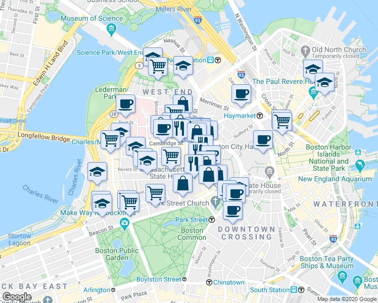 map of restaurants, bars, coffee shops, grocery stores, and more near in Boston