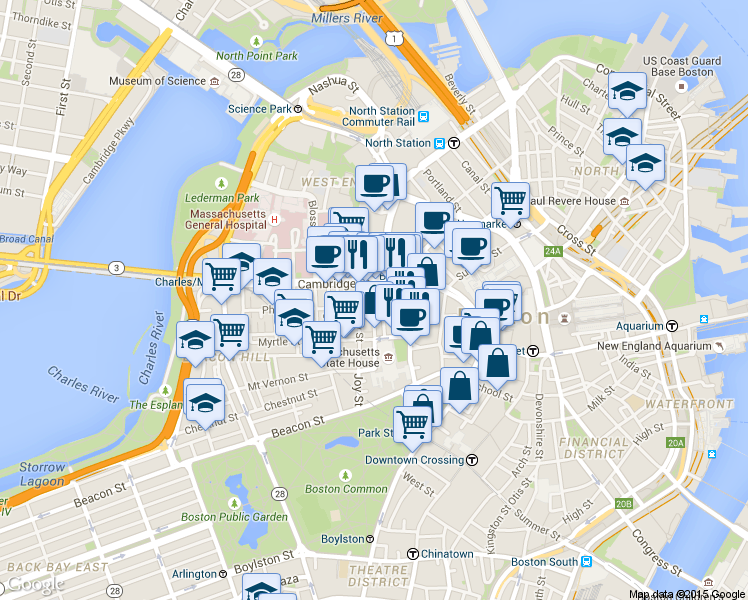 map of restaurants, bars, coffee shops, grocery stores, and more near in Boston