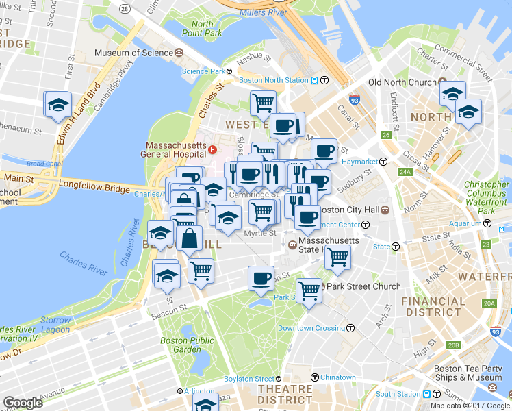 map of restaurants, bars, coffee shops, grocery stores, and more near 72 Joy Street in Boston