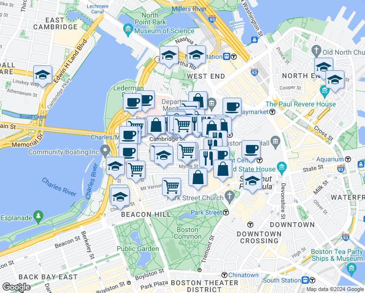 map of restaurants, bars, coffee shops, grocery stores, and more near 72 Joy Street in Boston