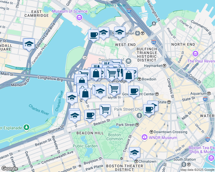 map of restaurants, bars, coffee shops, grocery stores, and more near 45 1/2 Garden Street in Boston