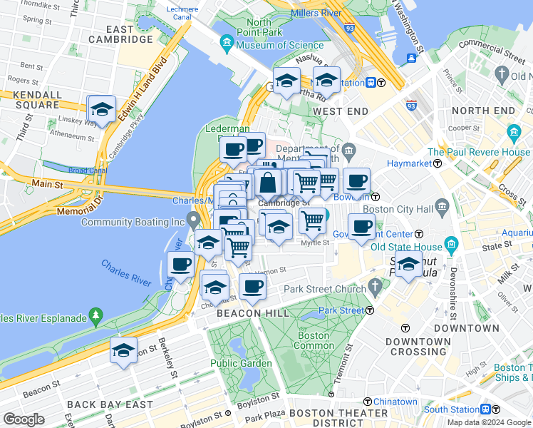 map of restaurants, bars, coffee shops, grocery stores, and more near in Boston