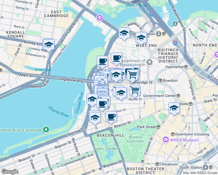 map of restaurants, bars, coffee shops, grocery stores, and more near 67 West Cedar Street in Boston