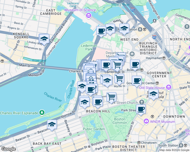 map of restaurants, bars, coffee shops, grocery stores, and more near 67 West Cedar Street in Boston