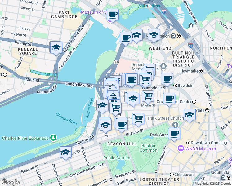 map of restaurants, bars, coffee shops, grocery stores, and more near 67 West Cedar Street in Boston
