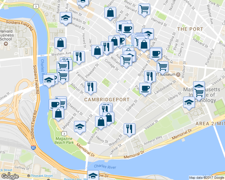map of restaurants, bars, coffee shops, grocery stores, and more near 181 Erie Street in Cambridge