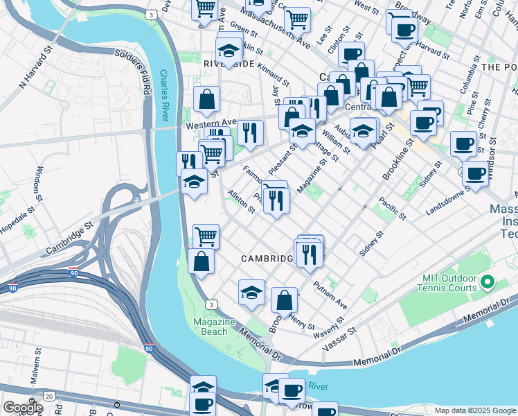 map of restaurants, bars, coffee shops, grocery stores, and more near 111 Magazine Street in Cambridge