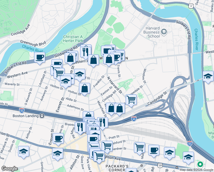 map of restaurants, bars, coffee shops, grocery stores, and more near 24 Easton Street in Boston