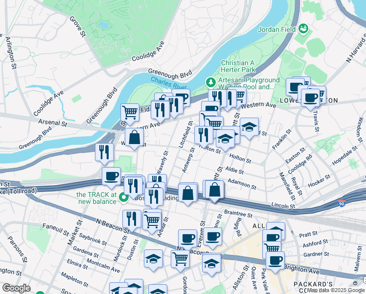 map of restaurants, bars, coffee shops, grocery stores, and more near 25 Duval Street in Boston