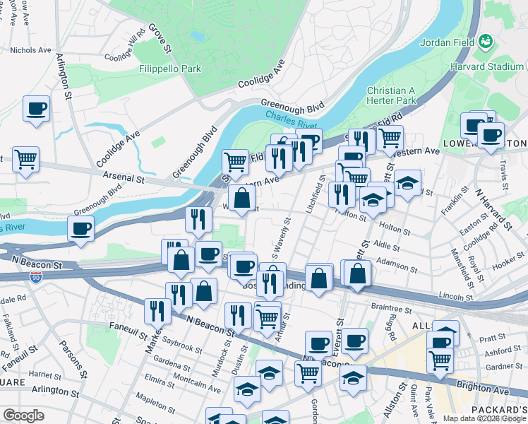 map of restaurants, bars, coffee shops, grocery stores, and more near 19 Bronsdon Street in Boston