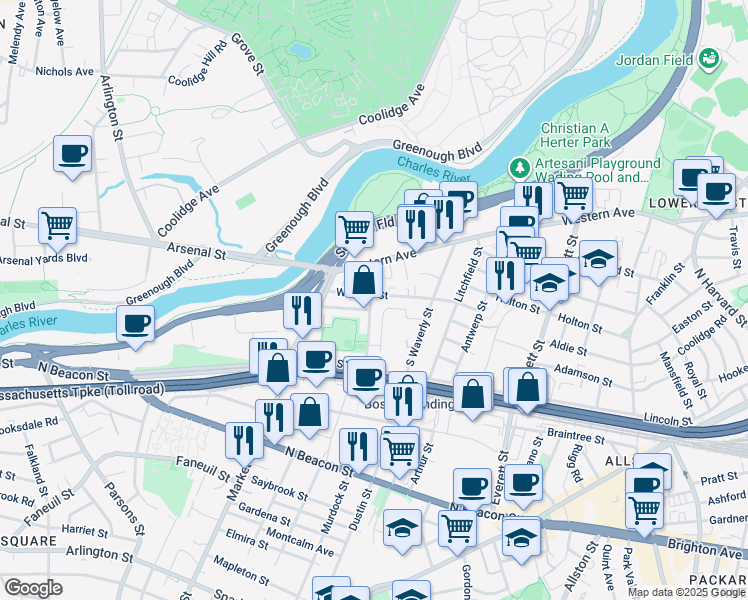 map of restaurants, bars, coffee shops, grocery stores, and more near 19 Bronsdon Street in Boston