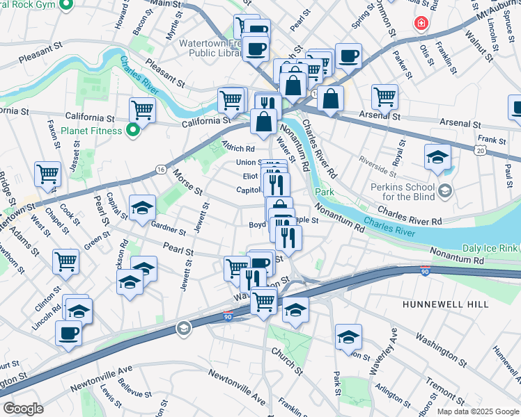 map of restaurants, bars, coffee shops, grocery stores, and more near 33 Boyd Street in Watertown