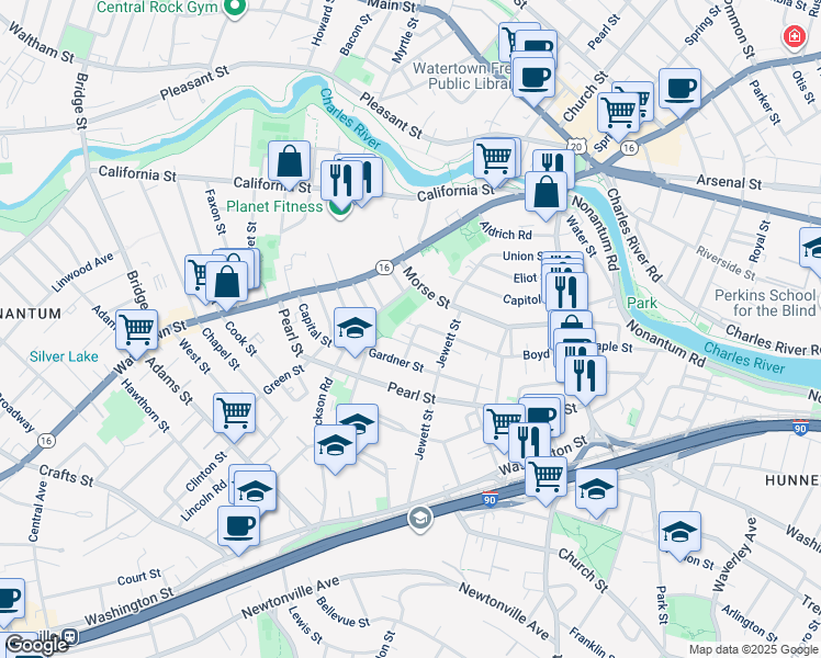 map of restaurants, bars, coffee shops, grocery stores, and more near 24 Rockland Street in Newton