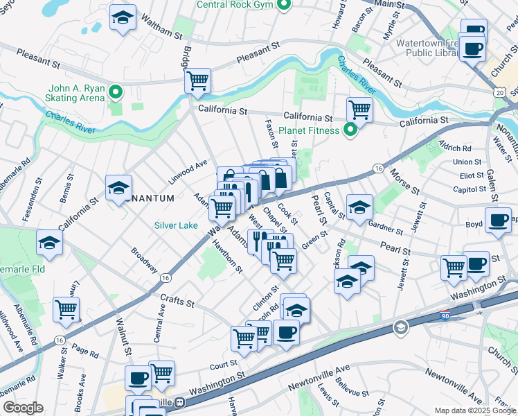 map of restaurants, bars, coffee shops, grocery stores, and more near 20 West Street in Newton