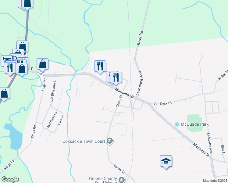 map of restaurants, bars, coffee shops, grocery stores, and more near 1-11 Bailey St in Coxsackie