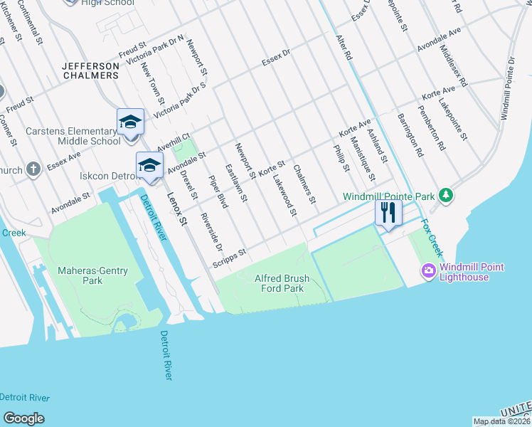 map of restaurants, bars, coffee shops, grocery stores, and more near 217 Newport Street in Detroit