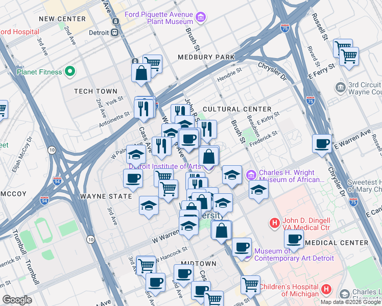 map of restaurants, bars, coffee shops, grocery stores, and more near 15 Midtown Loop in Detroit