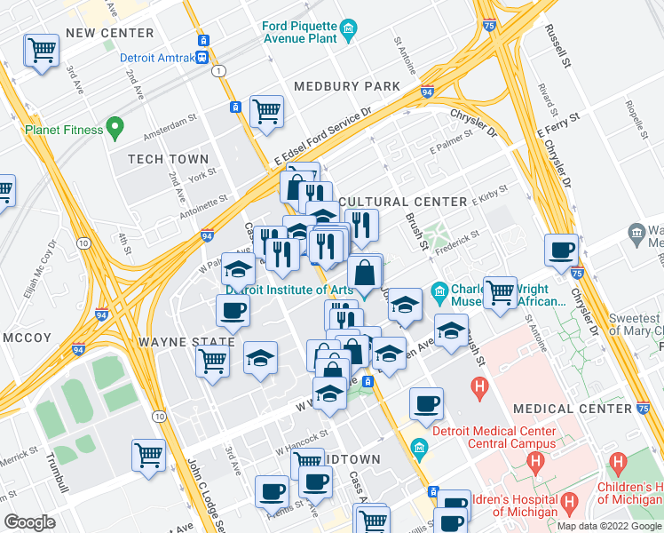 map of restaurants, bars, coffee shops, grocery stores, and more near 15 Midtown Loop in Detroit