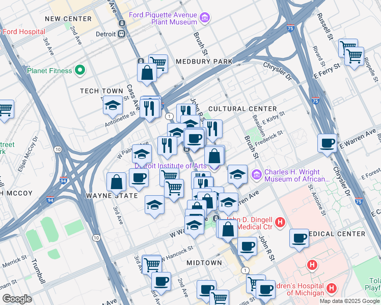 map of restaurants, bars, coffee shops, grocery stores, and more near in Detroit