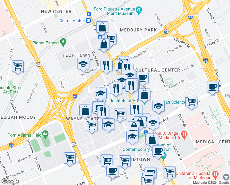 map of restaurants, bars, coffee shops, grocery stores, and more near 5440 Cass Avenue in Detroit