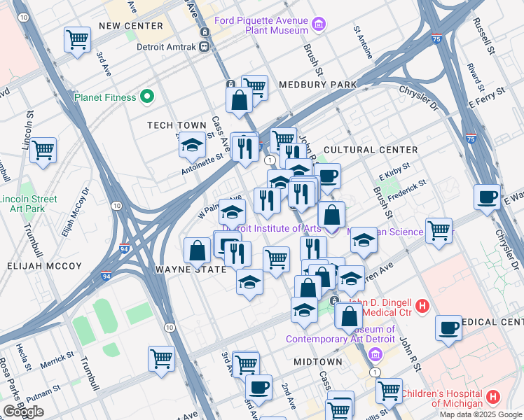 map of restaurants, bars, coffee shops, grocery stores, and more near 5440 Cass Avenue in Detroit