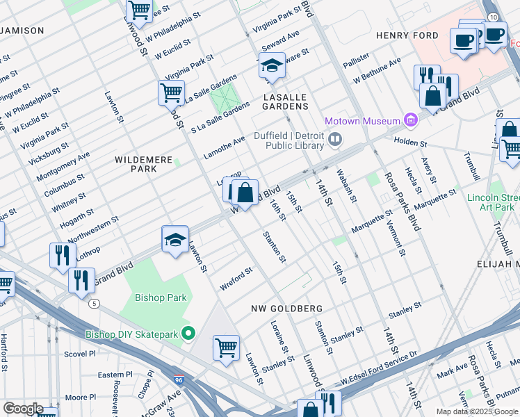 map of restaurants, bars, coffee shops, grocery stores, and more near 6537 Stanton Street in Detroit