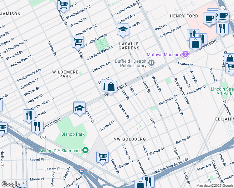 map of restaurants, bars, coffee shops, grocery stores, and more near 6537 Stanton Street in Detroit