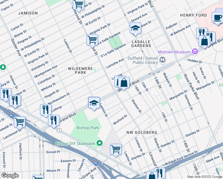 map of restaurants, bars, coffee shops, grocery stores, and more near in Detroit