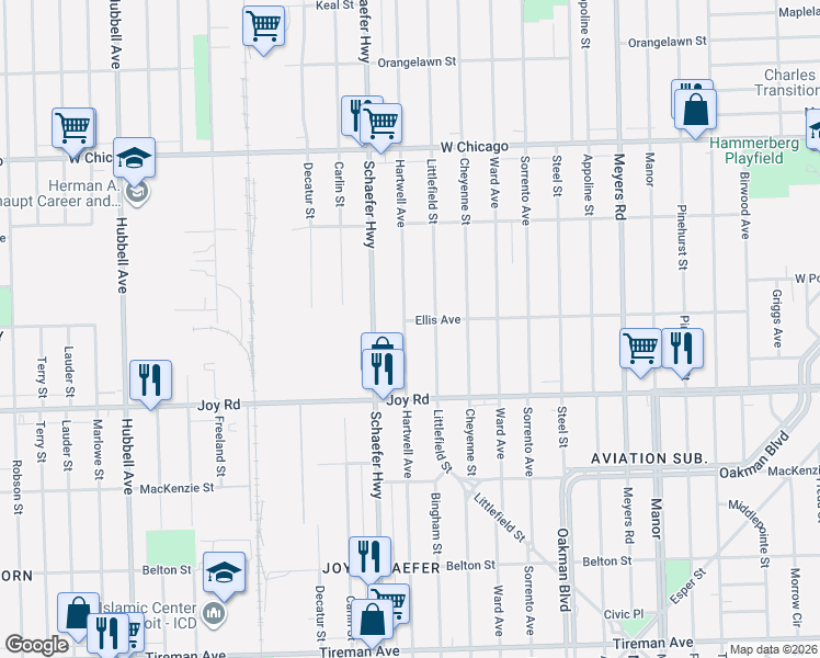 map of restaurants, bars, coffee shops, grocery stores, and more near 8889 Hartwell Avenue in Detroit