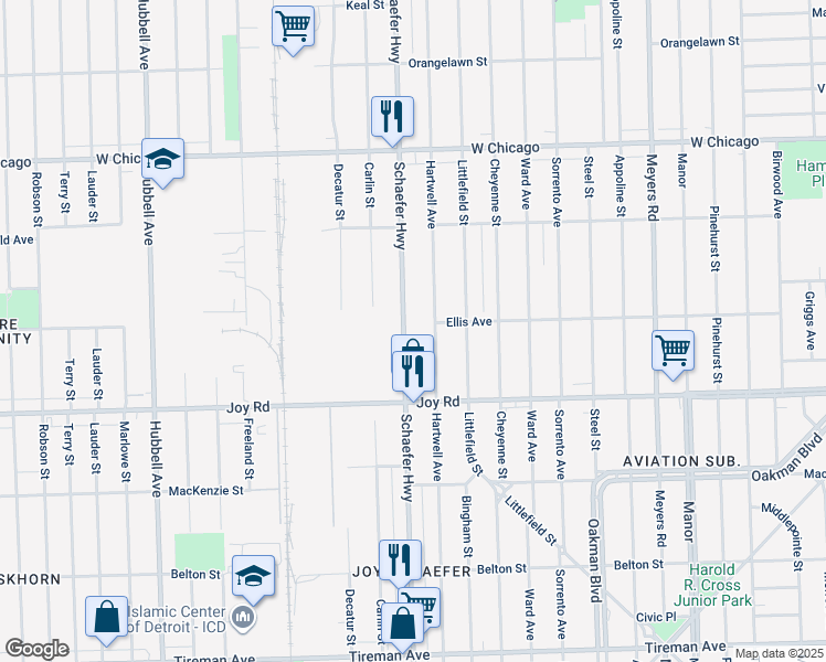 map of restaurants, bars, coffee shops, grocery stores, and more near 8889 Hartwell Avenue in Detroit