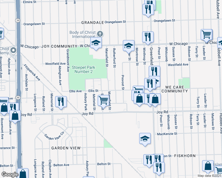 map of restaurants, bars, coffee shops, grocery stores, and more near 8937 Mansfield Street in Detroit
