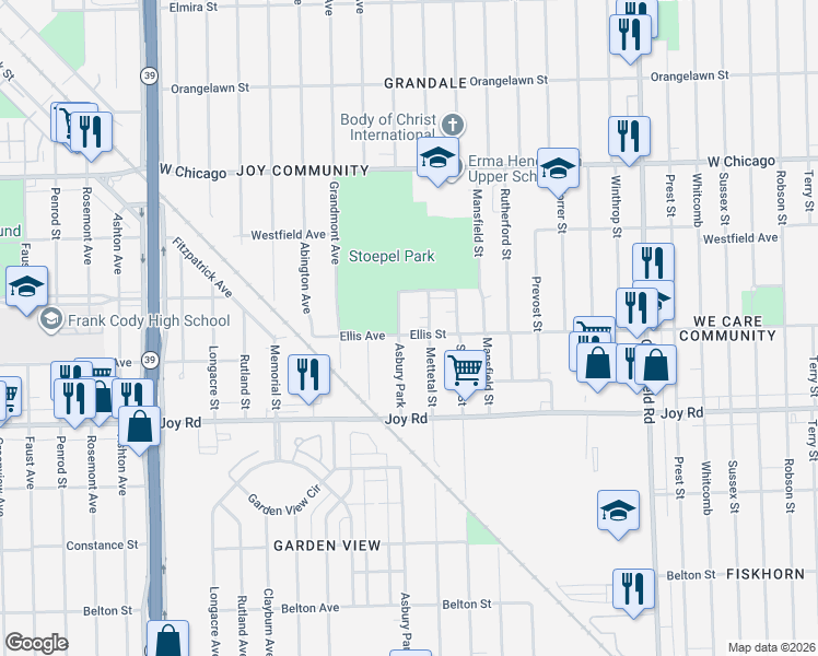 map of restaurants, bars, coffee shops, grocery stores, and more near 8936 Asbury Park in Detroit
