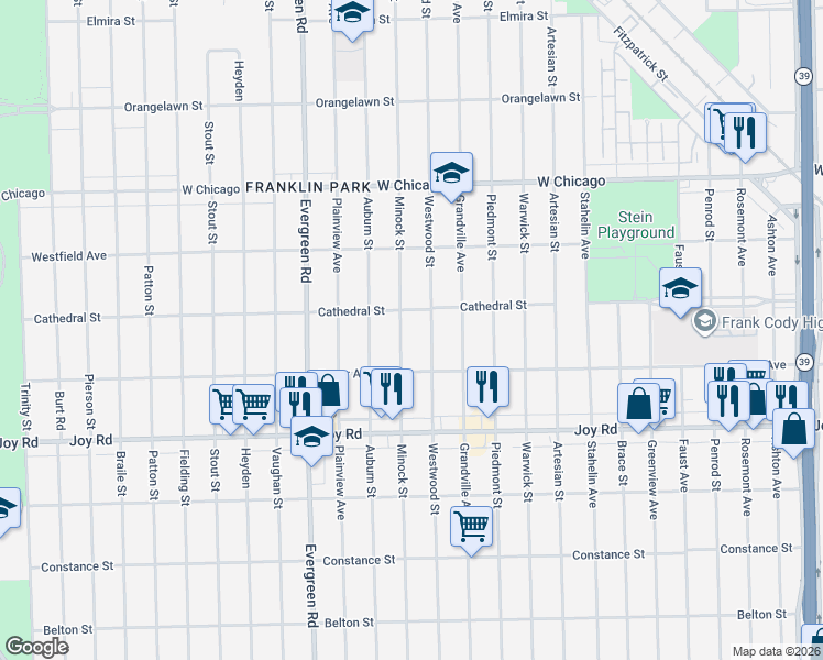 map of restaurants, bars, coffee shops, grocery stores, and more near 9040 Minock Street in Detroit