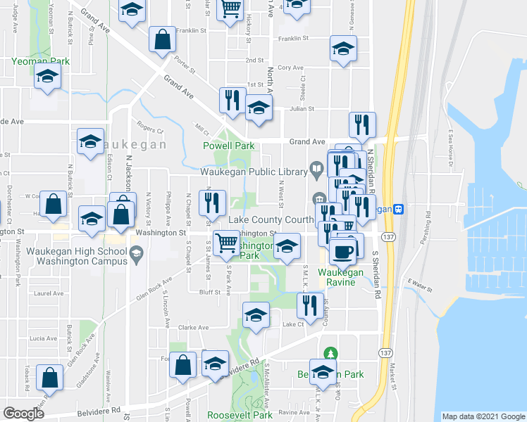 map of restaurants, bars, coffee shops, grocery stores, and more near 542 Washington Street in Waukegan