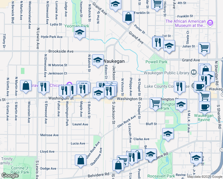 map of restaurants, bars, coffee shops, grocery stores, and more near 9 North Jackson Street in Waukegan