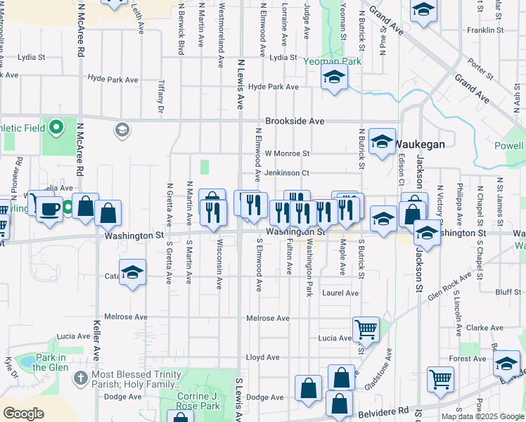 map of restaurants, bars, coffee shops, grocery stores, and more near 1806 Washington Street in Waukegan
