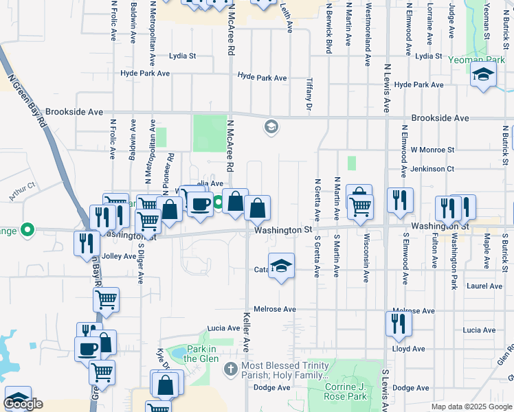 map of restaurants, bars, coffee shops, grocery stores, and more near 2424 Washington Street in Waukegan